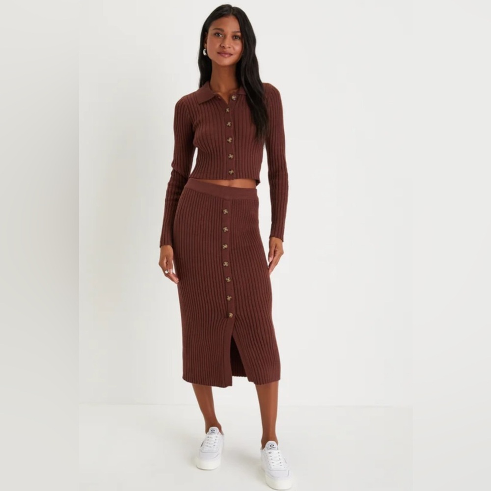 Lulu's Brown Ribbed Pencil Skirt and Top! 2 Piece Set